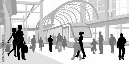 Minimalist flat vector silhouettes of people commuting in a public space, urban transit and city life illustration for architectural visualization.