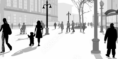 Clean vector silhouettes of people commuting through an urban environment, social activity and city walking illustration.