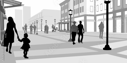 Flat vector silhouette of people commuting through a metropolitan street, modern city life and pedestrian movement concept.