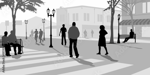 Flat vector silhouette of people enjoying an outdoor park, leisure and relaxation in a public garden setting illustration.