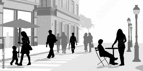 Flat vector silhouette of people enjoying a pedestrian zone in a city square, urban gathering and street life concept.