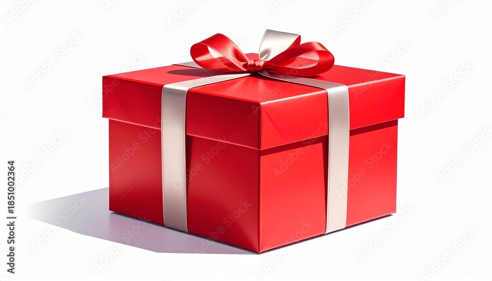 Fototapeta premium Bright red gift box with a silver ribbon placed on a white surface during daytime
