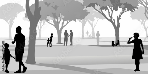 Clean minimalist vector silhouettes of people enjoying a public space, city architecture and human scale illustration.