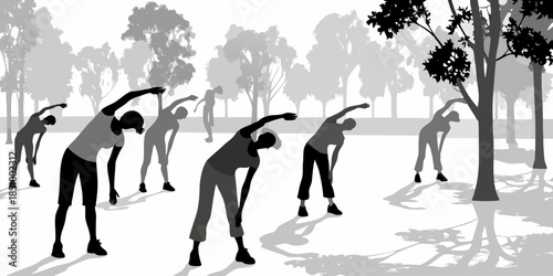 Flat vector silhouette of people exercising and staying active in an outdoor fitness park, healthy lifestyle concept.