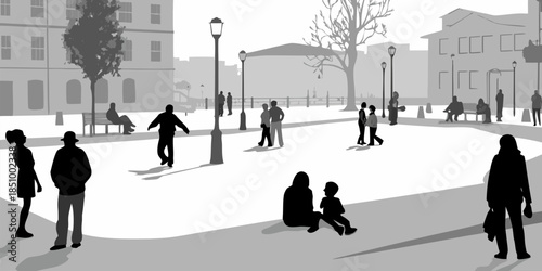 Flat vector silhouette of people gathering in an outdoor market or social event, community interaction concept.