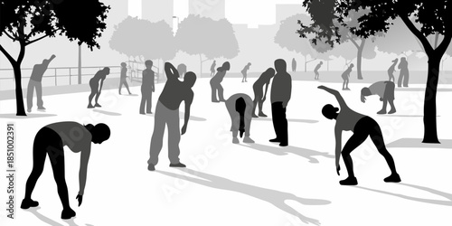 Minimalist vector silhouettes of people exercising and staying healthy, outdoor activity and wellness illustration for city parks.