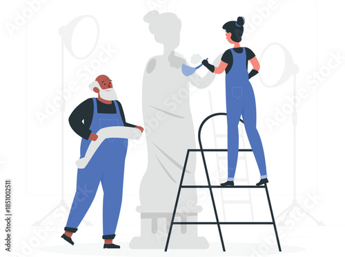 Two workers in blue overalls restoring a statue restoration ladder