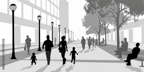 Clean vector silhouettes of people moving through a busy urban location, social activity and pedestrian motion concept.