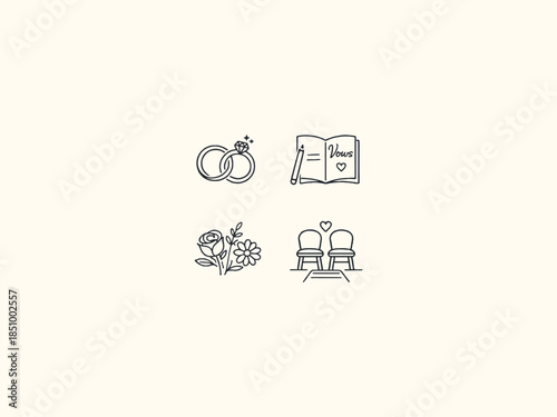 Minimal wedding icon system using line art rings, vows, flowers