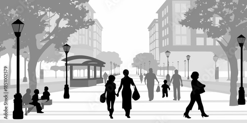 Minimal Flat Vector Silhouettes of Diverse People Passing Through an Open Public Space or Airport Terminal