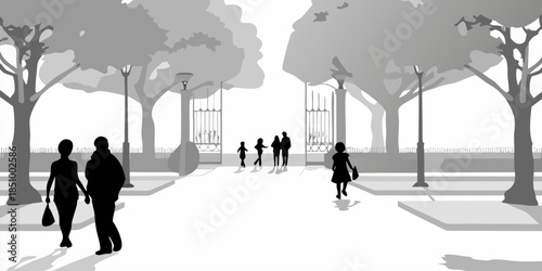 Flat Vector Silhouettes of Pedestrians Passing Through a Busy Street Crossing or Modern Transit Hub