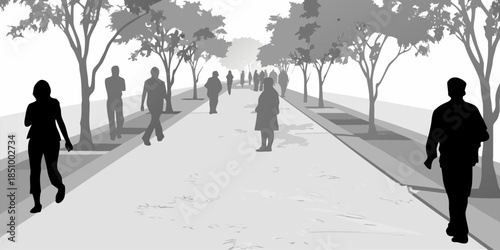Flat Vector Silhouettes of People Walking Along a Path or Running Track in an Outdoor Recreation Area