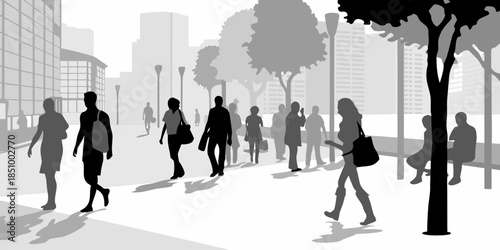 Flat Vector Silhouettes of People Walking Along a Contemporary Walkway or Urban Architectural Feature