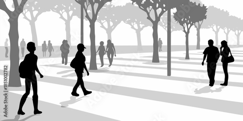 Minimalist Silhouettes of People Walking Along an Urban Sidewalk or Modern Walkway Interior