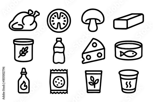 Minimalist thick-outline food product icon set covering fresh produce, protein items, pantry goods, sauces, snacks, and beverages, ideal for grocery apps, packaging labels, menus, and nutritional
