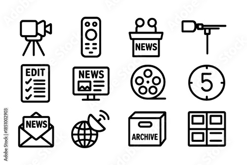 Thick-outline mass media icon set featuring reporting tools, production elements, TV broadcasting symbols, and editorial resources, ideal for media apps, journalism dashboards, and communication platf