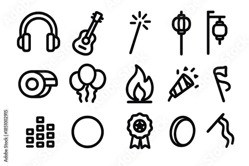 Thick-outline festival icon set showcasing music gear, lighting props, celebration elements, and parade accessories, ideal for event branding, creative dashboards, posters, and UI tools.