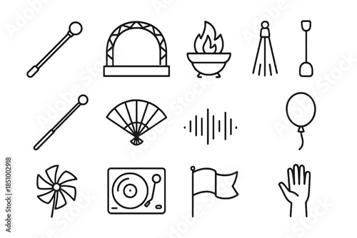 Thin-outline festival icon set with parade props, music symbols, lighting effects, and celebration elements, ideal for event design packs, apps, posters, and creative UI resources.