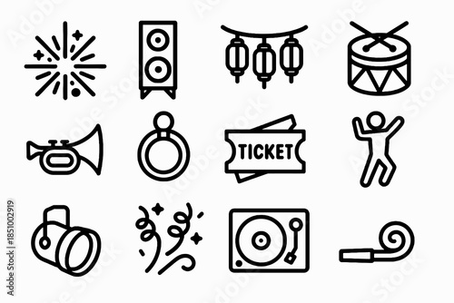 Thick-outline festival icon set with music elements, fireworks, lighting, celebration props, and parade symbols, ideal for event design packs, posters, apps, and creative festival assets.