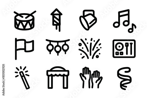 Thick-outline festival icon set featuring music, fireworks, lights, parade elements, and celebration symbols, perfect for event apps, posters, dashboards, and creative festival packs.