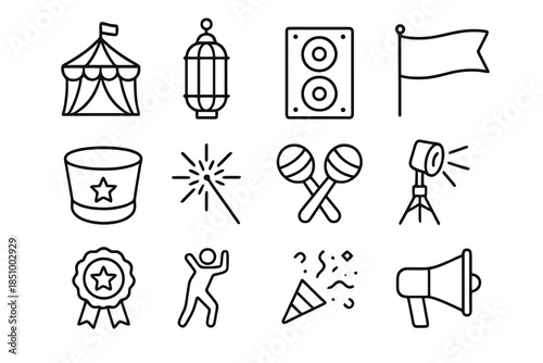Thin-outline festival icon set featuring tents, lights, music gear, parade elements, and celebration symbols, ideal for event apps, posters, dashboards, and creative festival designs.