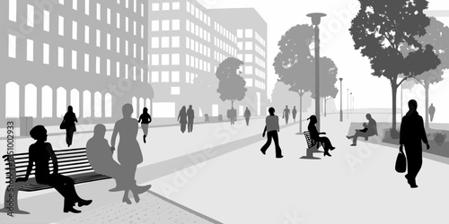 Detailed flat vector silhouette of a vibrant urban leisure area featuring trees, seating, and people engaged in outdoor relaxation