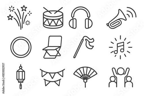 Thin-outline festival icon set with music, fireworks, parade instruments, lighting props, and celebration elements, ideal for event branding, apps, dashboards, and creative design packs.