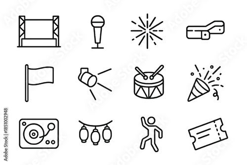 Thin-outline festival icon set featuring music, lights, fireworks, dancing, and celebration elements, ideal for event apps, creative dashboards, posters, and festival design resources.