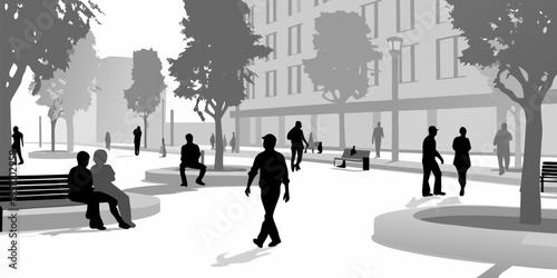 Flat vector silhouette of an urban leisure area with people sitting on benches and enjoying a public plaza, city lifestyle illustration