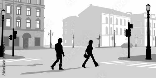 Modern flat vector silhouette of an urban lifestyle scene with people commuting and interacting in a busy metropolitan environment