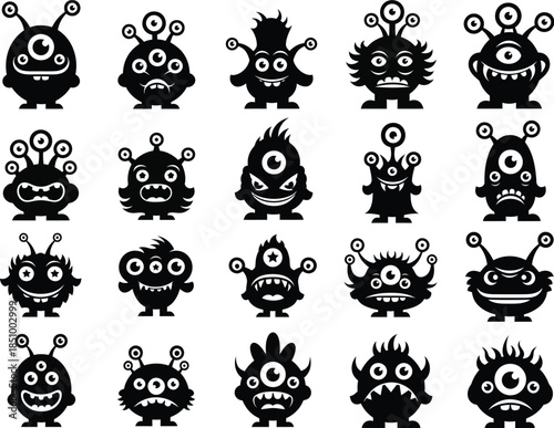 Collection of various cartoon monster faces in black and white with different expressions and features