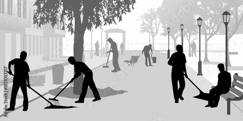 Flat vector silhouette of urban park maintenance activities featuring workers caring for public green spaces and landscaping