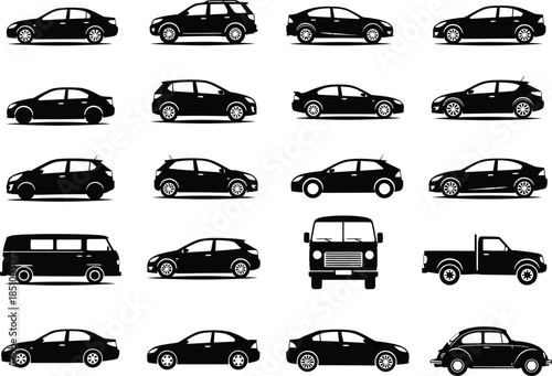 Collection of various vehicles including cars trucks and vans in silhouette on white background