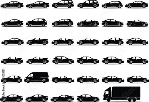 Collection of various car silhouettes in different sizes and styles on white background
