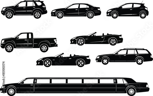 Black silhouettes of various luxury and everyday vehicles including limousine suv truck and sports car