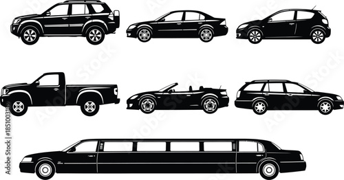 Seven different types of vehicles including suv truck sports car and limousine in silhouette