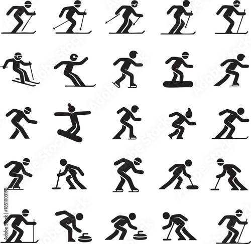 Winter sports stick figure icons set — skiing, snowboarding, curling — black silhouette collection