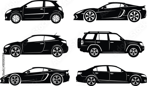 Six different types of cars in black silhouette profile views on white background