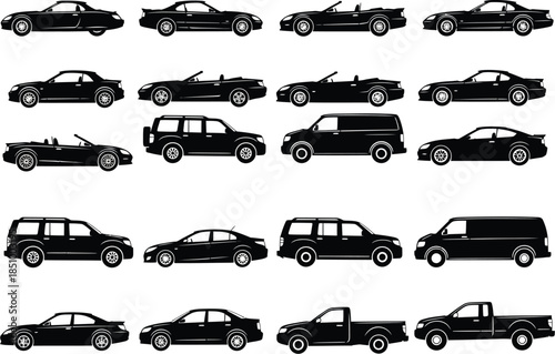 Collection of various black silhouettes of cars and trucks in different styles and shapes on white background