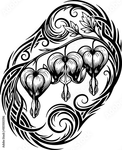 Bleeding Heart Flowers Black and White Vintage Engraving Art