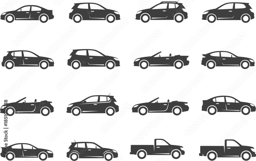 Fototapeta premium Variety of cars in different models and angles in black silhouette on white background