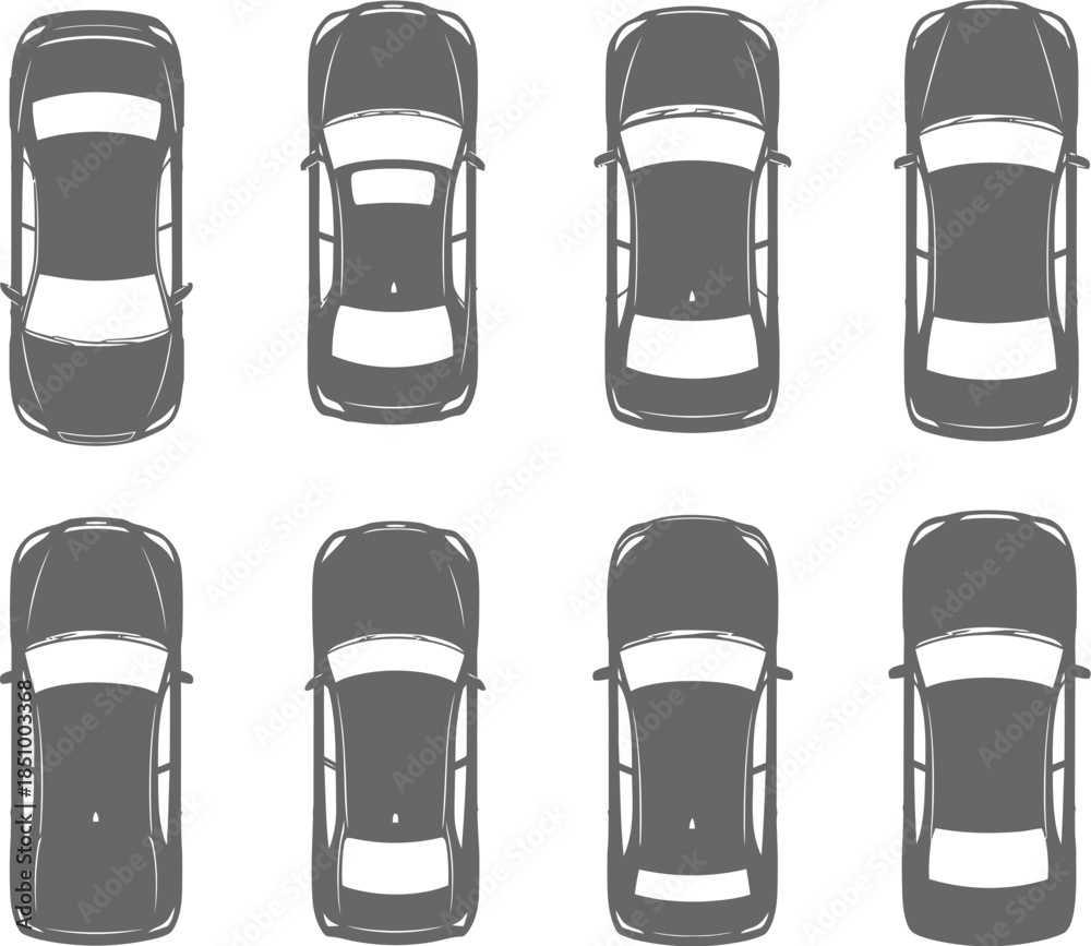 Fototapeta premium Overhead view of eight different cars in two rows on white background