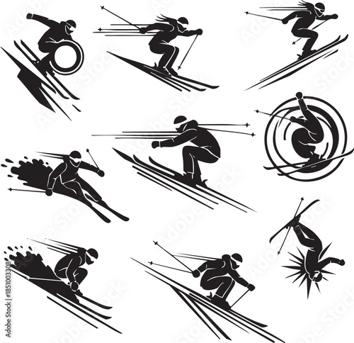 Dynamic Skiing Silhouettes Vector Set. Collection of downhill racers, jumpers, and freestyle skiers in action.