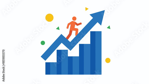 Man climbing up blue bar graph with arrow indicating growth.