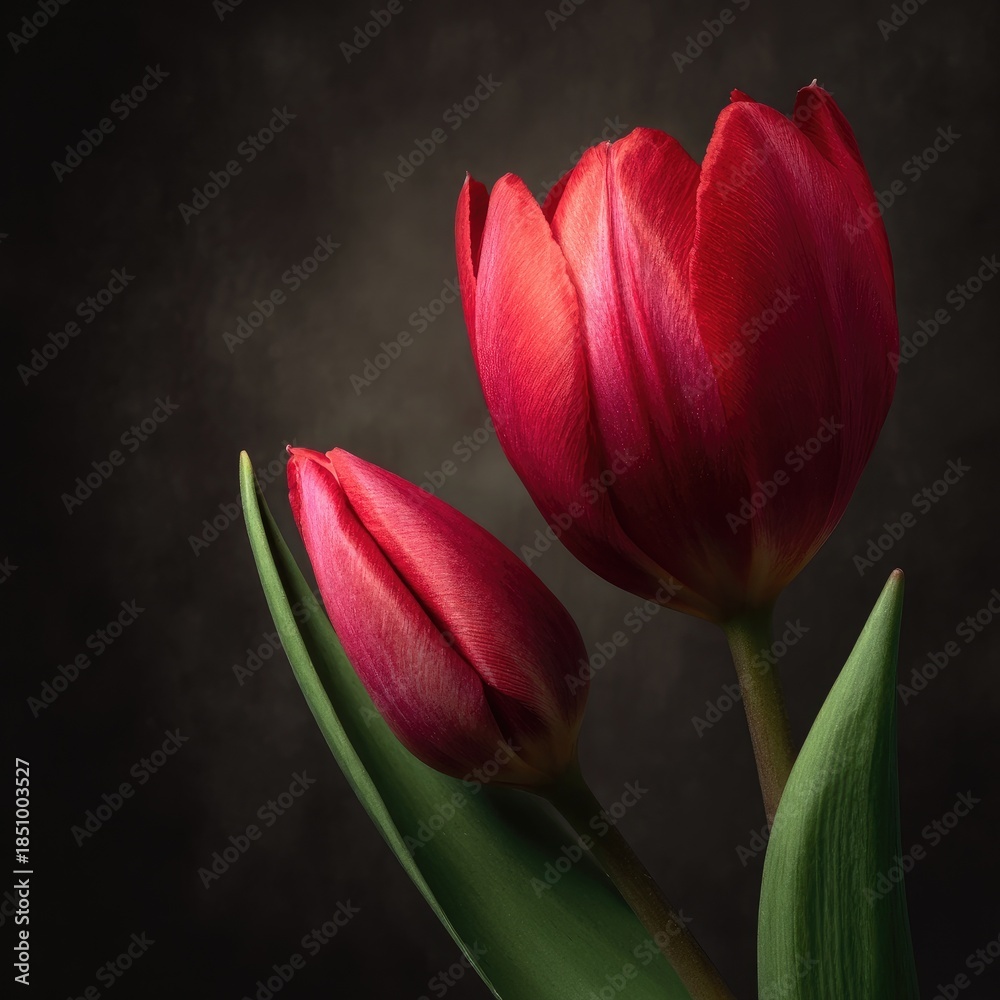 Naklejka premium Two red tulips, one bud, with long leaves against a dark, moody background