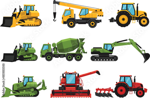 Collection of heavy construction and agricultural vehicles and equipment