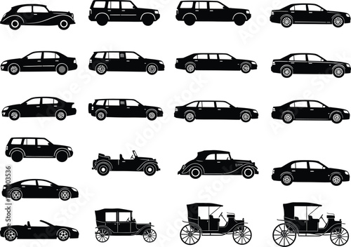 Collection of various vintage and modern cars in profile silhouettes on white background