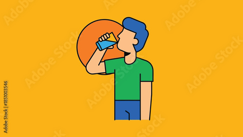 Man drinking water from a glass with a sun in the background.