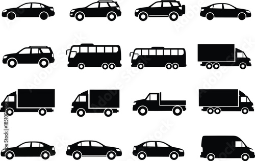 black car silhouettes in various orientations on white background