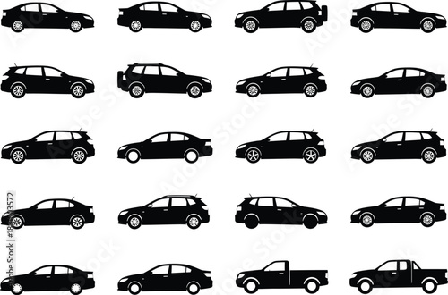 Collection of black car silhouettes in various orientations on white background